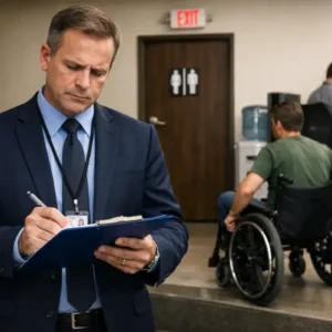 Homem de terno azul e crachá escrevendo em uma prancheta em um corredor de hospital, com paciente em cadeira de rodas ao fundo e porta de banheiro acessível visível.